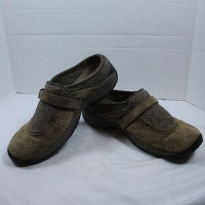 Merrell Encore Stone Womens 10 Brown Suede Wool Felt Buckle Clog Mules‎ Shoes